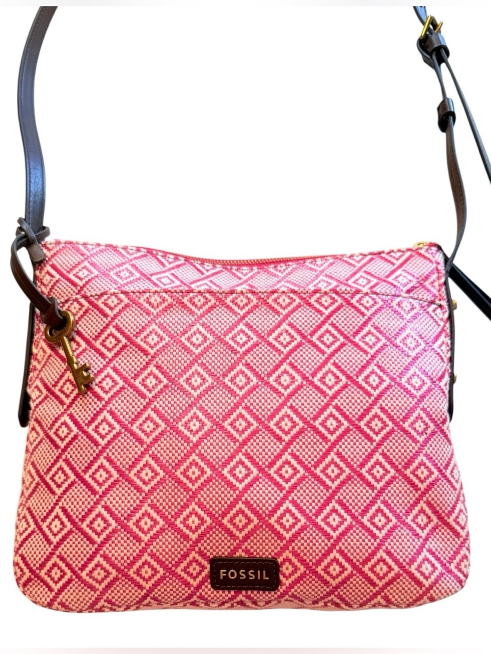 Fossil Pink White Geometric Woven Crossbody Shoulder Bag Leather Trim Key Charm